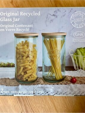 2-pack of Grant Howard Original Recycled Glass Jars with bamboo lids. 26oz. NIB